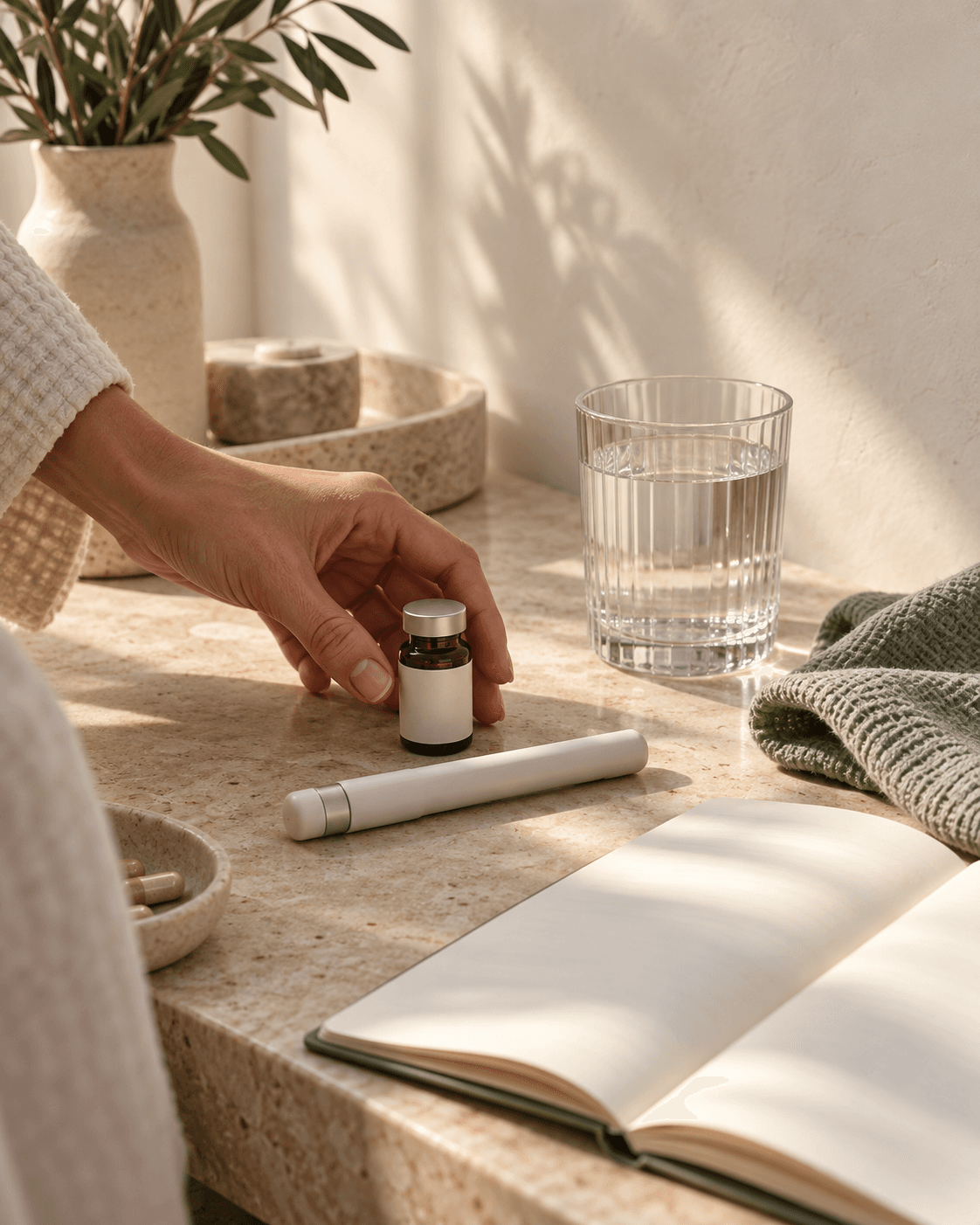 A calm morning routine with a notebook and glass of water