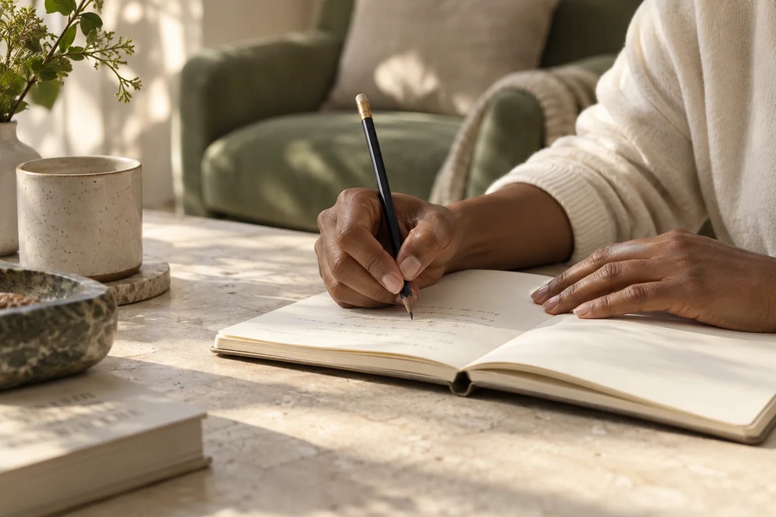 Hands writing in a notebook at a quiet table