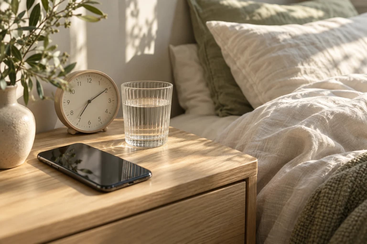 A clock, phone, and glass of water on a sunlit bedside table