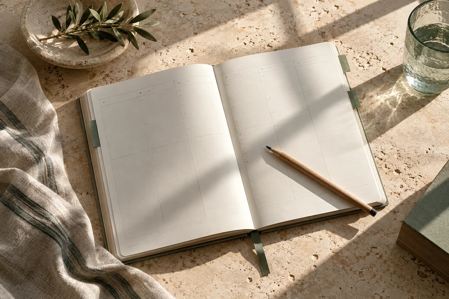 An open weekly planner and pencil in warm window light