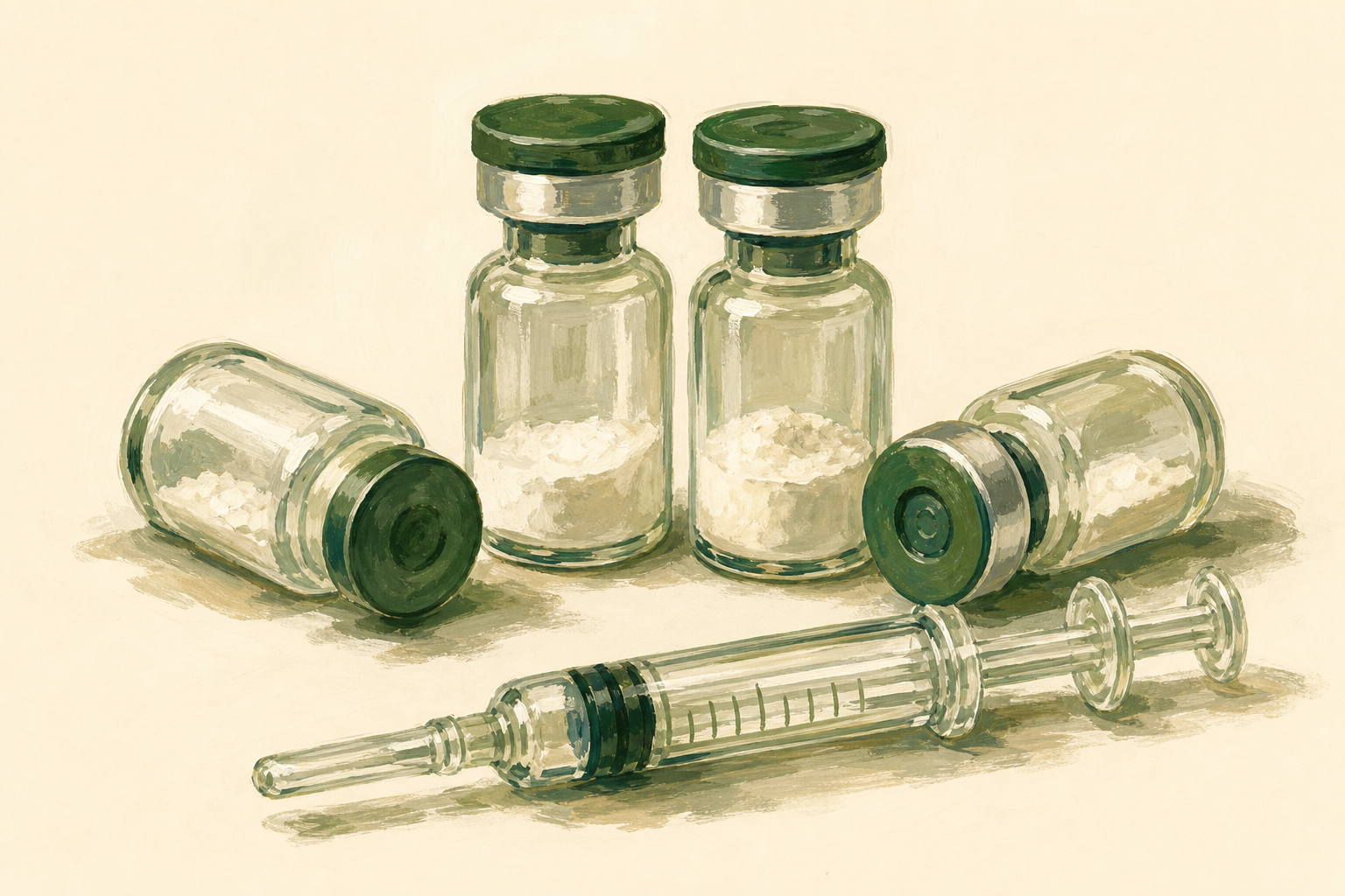 Painterly illustration of four peptide vials with green caps holding white powder, beside a glass syringe