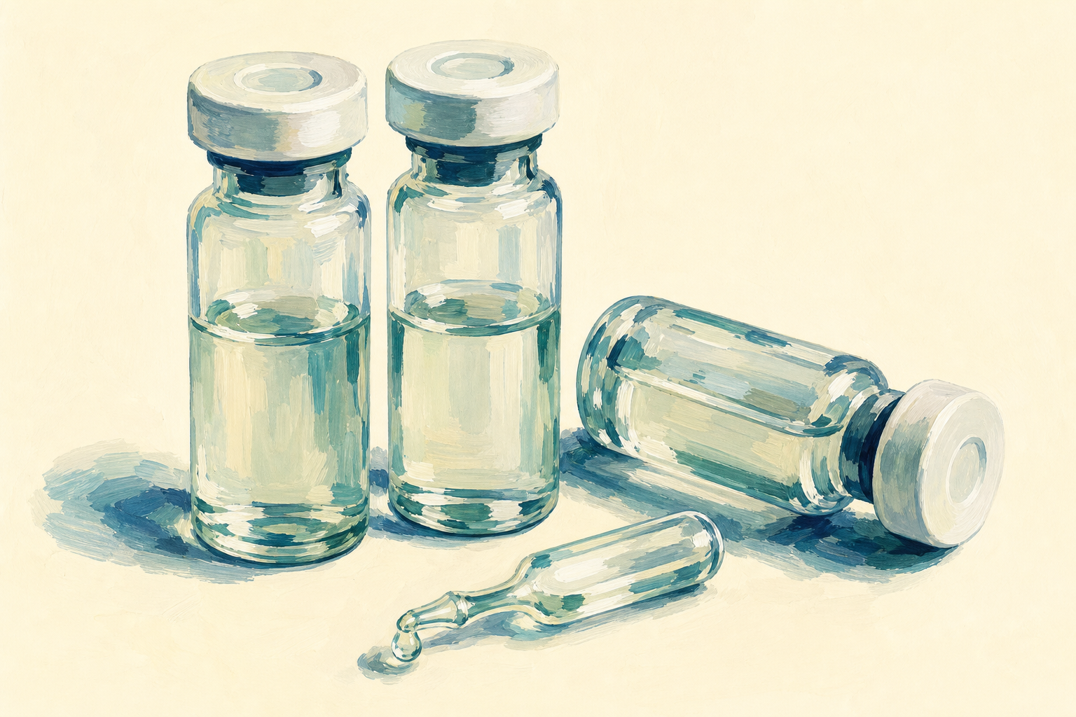 Painterly illustration of three clear peptide research vials with white caps and a small open glass ampoule