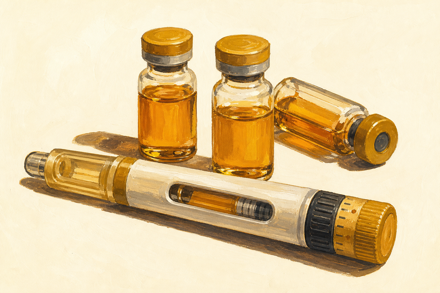 Painterly illustration of a pharmaceutical injection auto-pen and three small amber peptide vials
