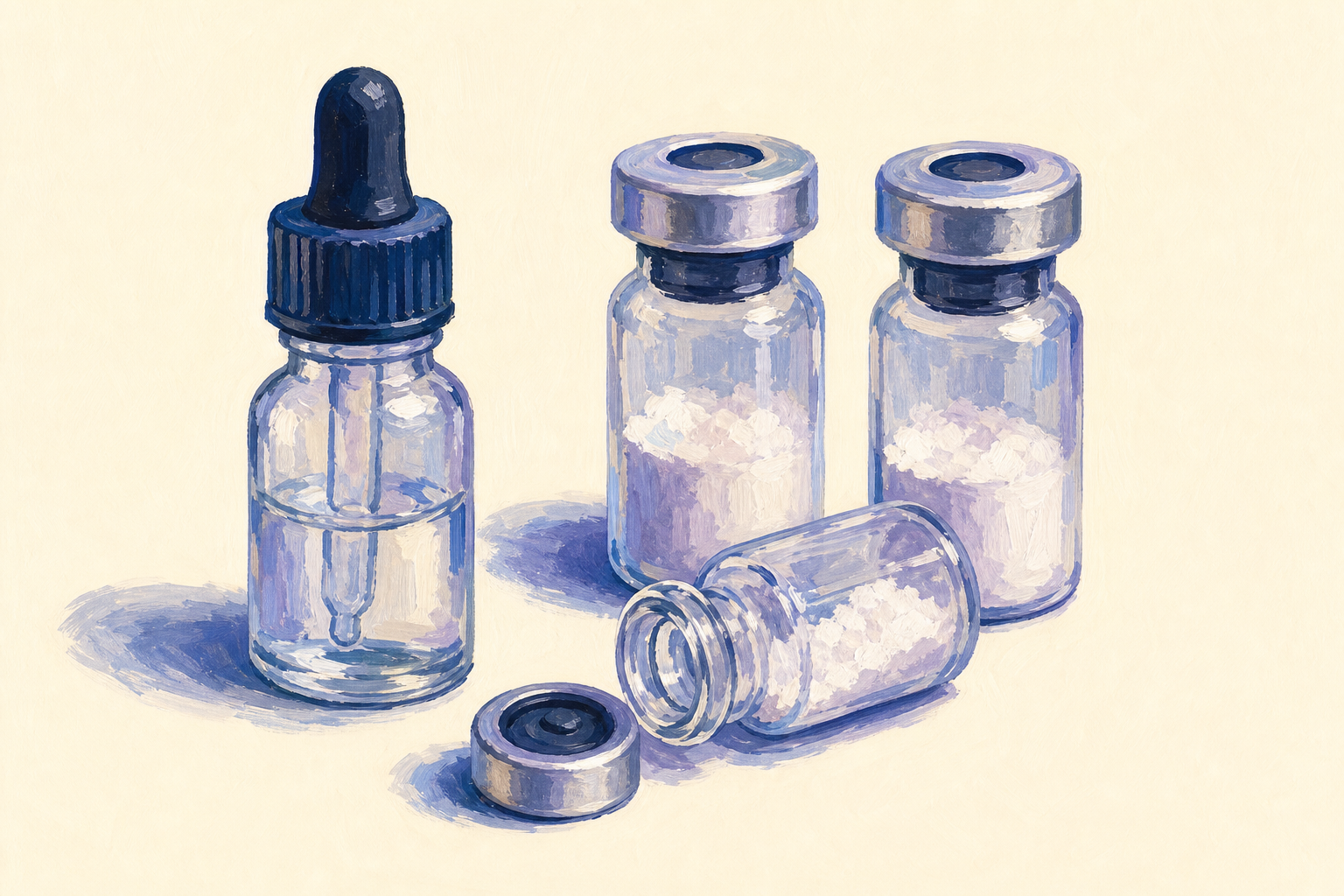Painterly illustration of a glass dropper bottle and three peptide vials with metallic caps in slate-blue tones